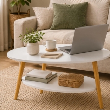 Столик кофейный каплевидный с полкой 90×50×42,5 см белый SW-00003362